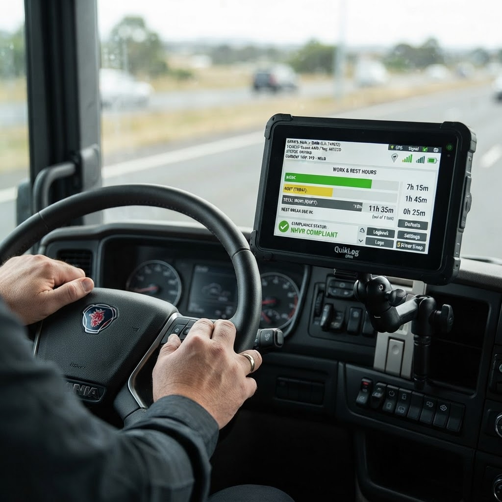 Electronic Work Diary EWD device mounted in truck cab showing NHVR fatigue management data NSW
