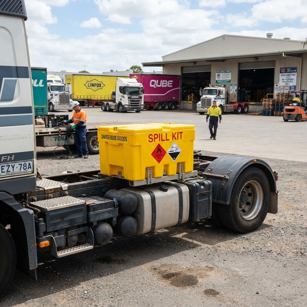 Spill kit mounted on dangerous goods vehicle in NSW transport depot