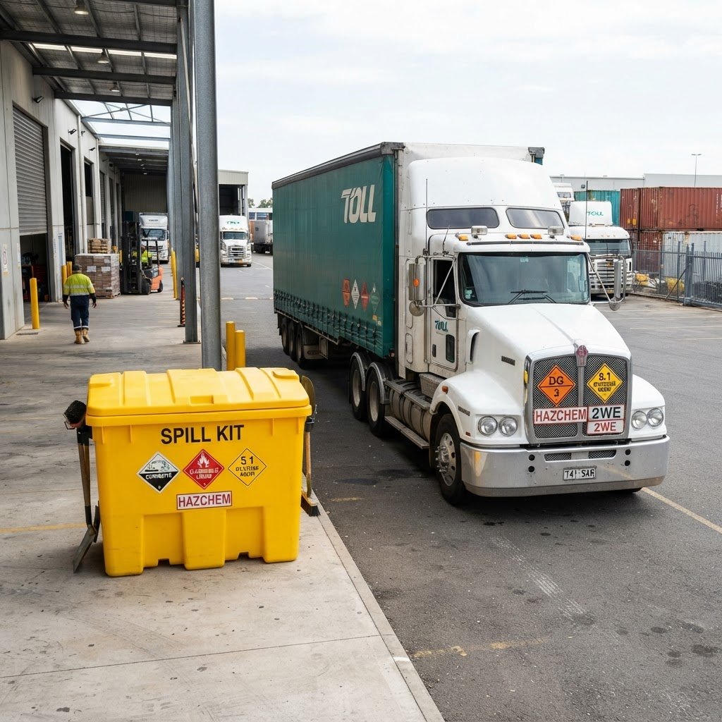 Yellow DG spill kit container with labels next to compliant dangerous goods truck NSW