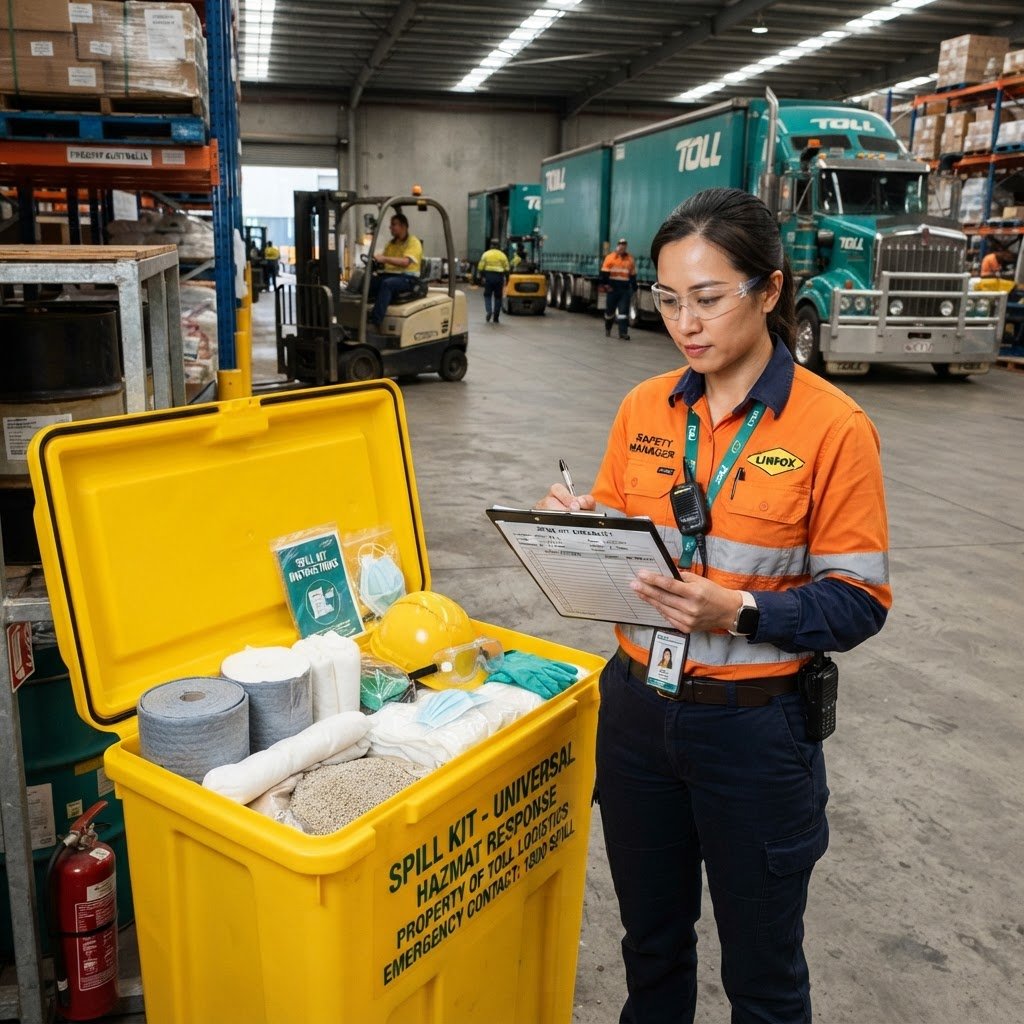 Safety manager inspecting spill kit checklist at Australian transport depot