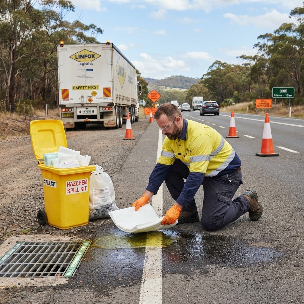 Truck driver in high-vis vest responding to chemical spill on NSW road using spill kit