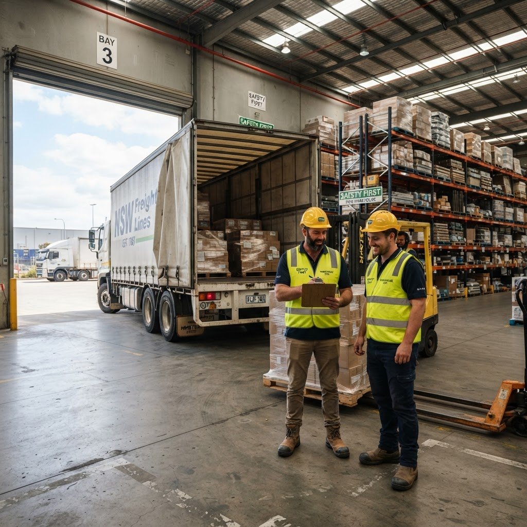 Warehouse workers in hi-vis vests renewing TLIF0025 Blue Card training at NSW transport depot