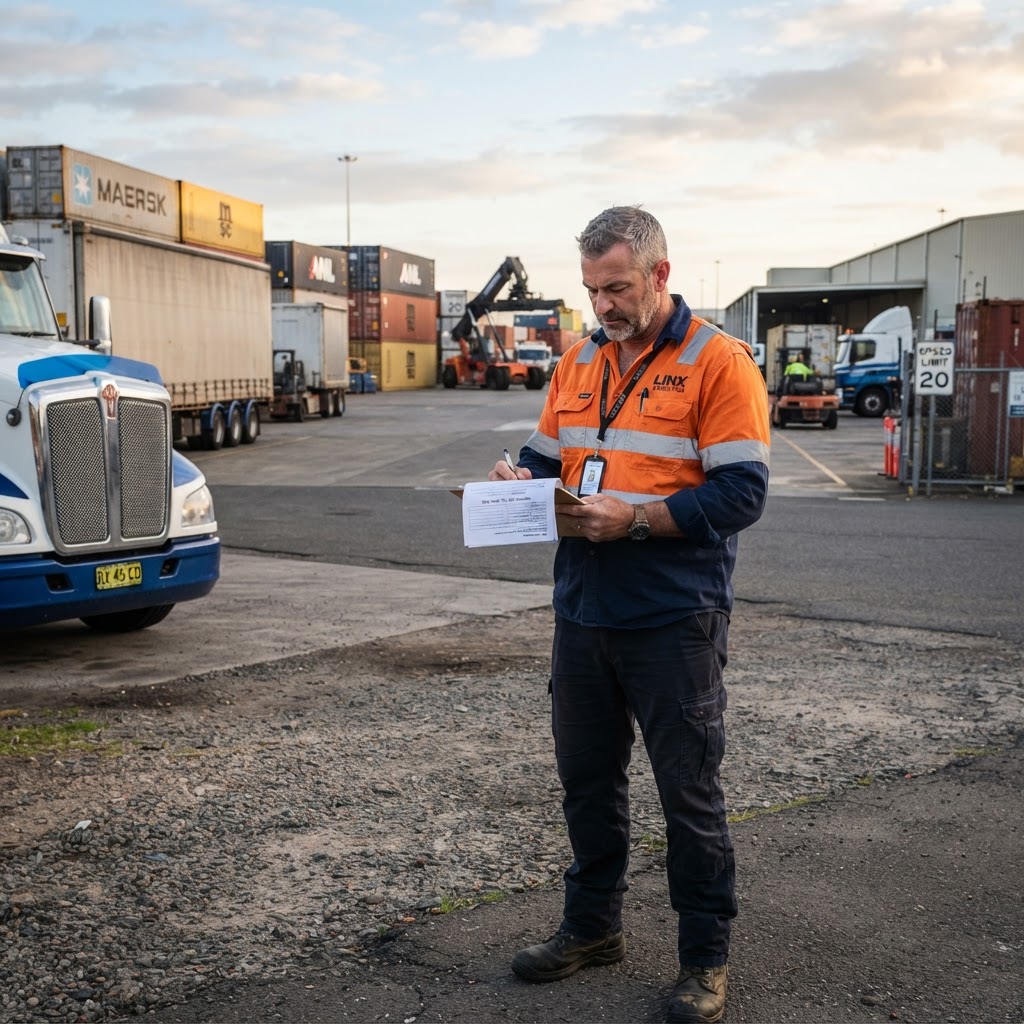 CoR compliance documentation review Heavy vehicle driver reviewing CoR compliance documents at NSW freight depot