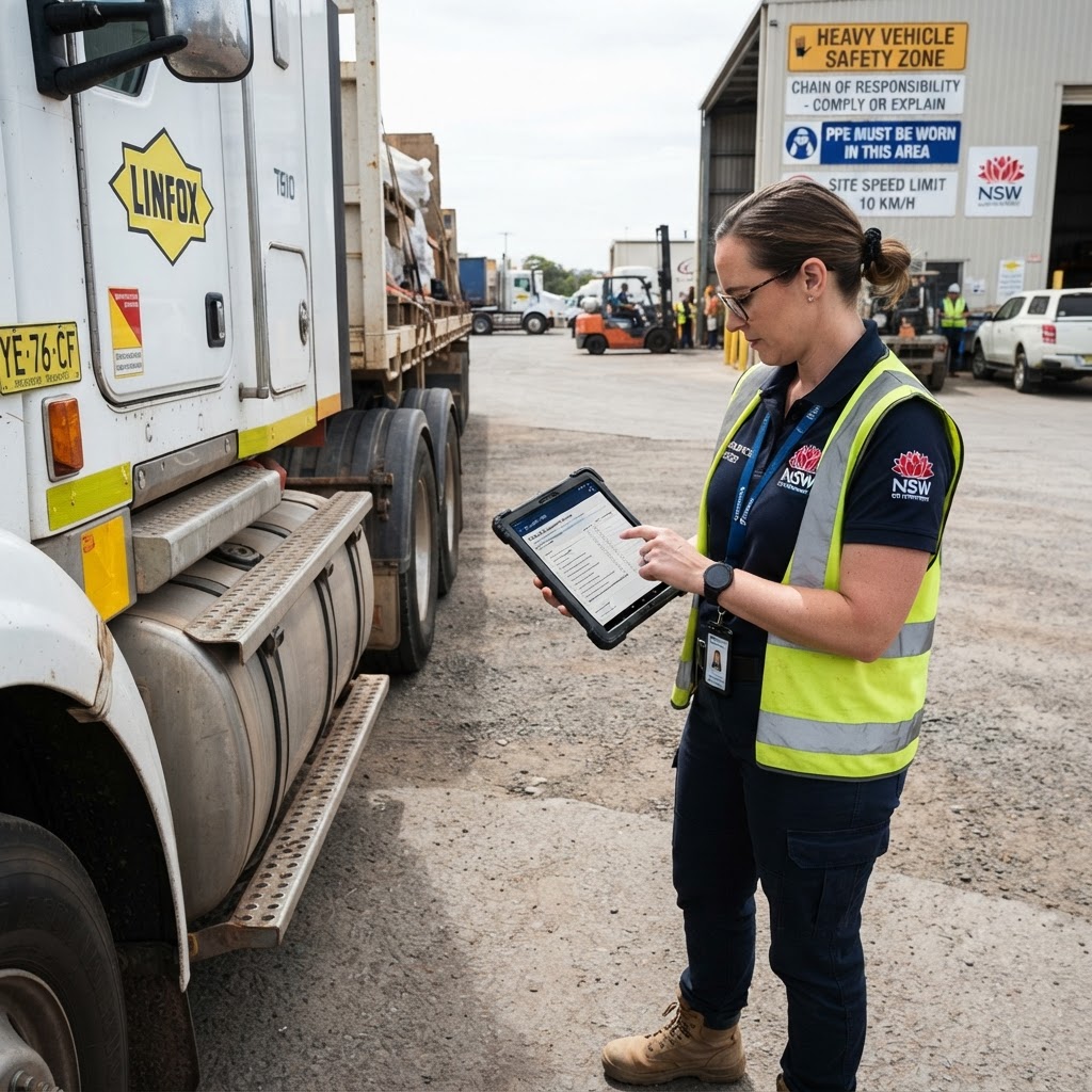 TLIF0080 CoR compliance monitoring at NSW transport depot Transport compliance officer reviewing Chain of Responsibility checklist on tablet at NSW freight depot