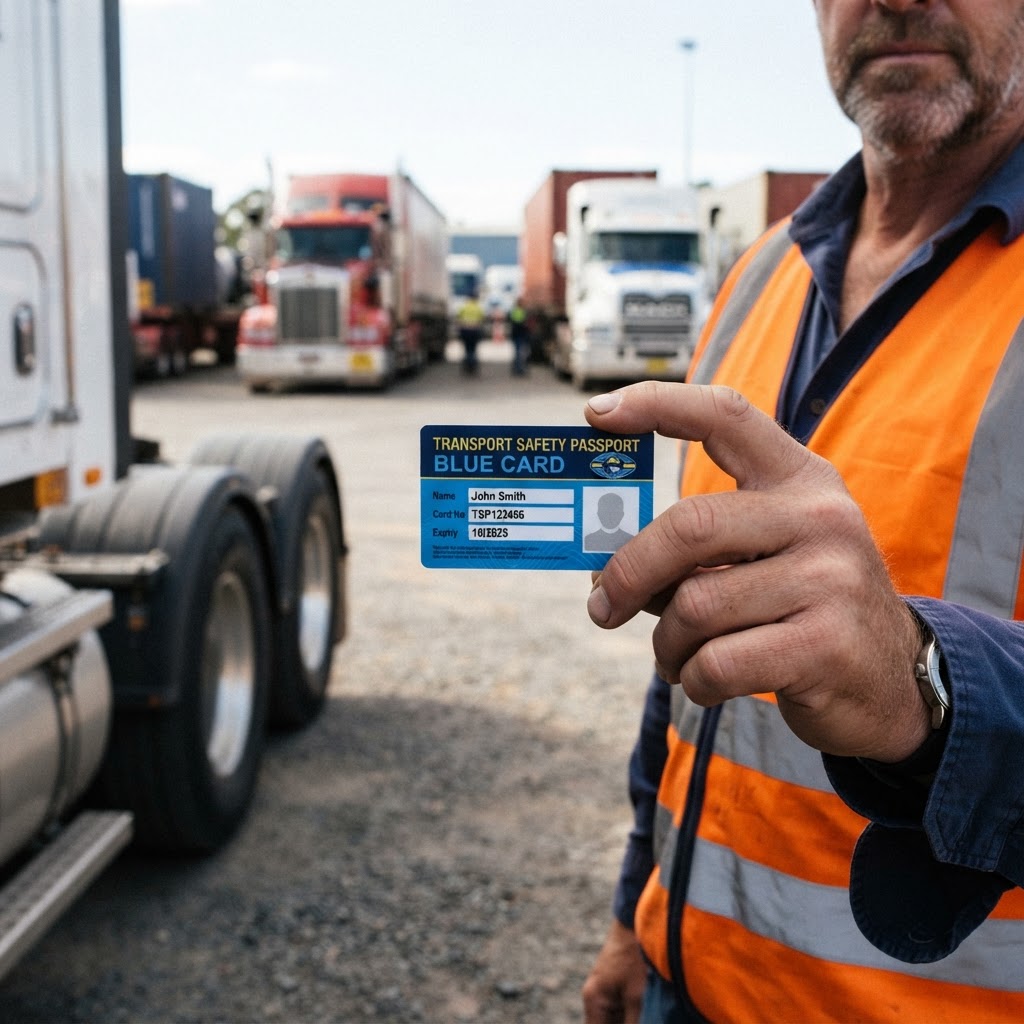 Transport safety passport Blue Card held by truck driver at freight depot NSW