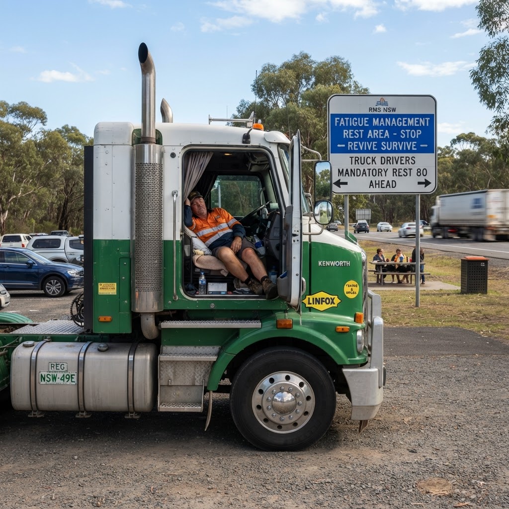 Truck driver taking stationary rest break at roadside rest area on NSW highway