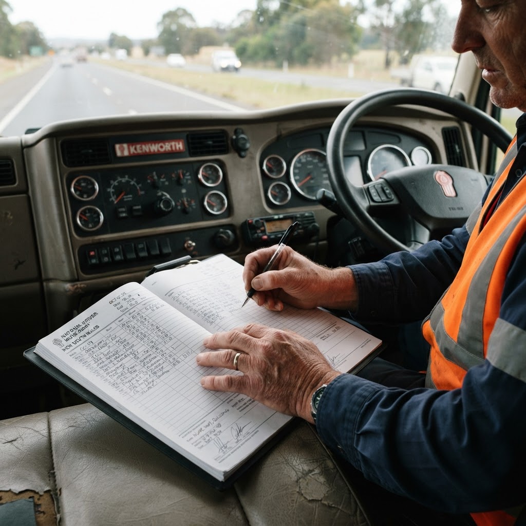 Close-up of an Australian truck driver hands filling out a National Driver Work Diary with a pen in the cab of a heavy vehicle