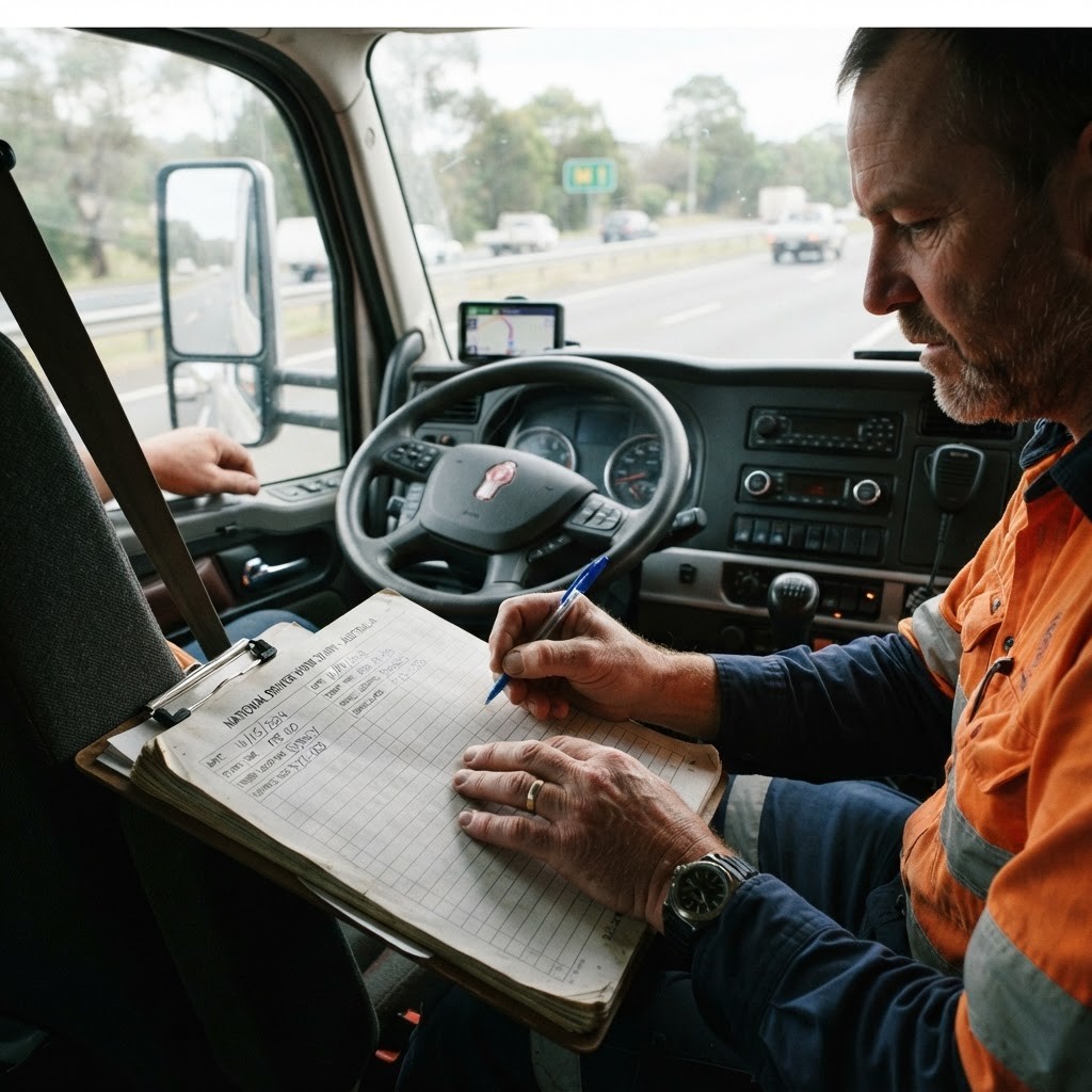 Truck driver filling out work diary logbook in truck cabin NSW — fatigue management certificate