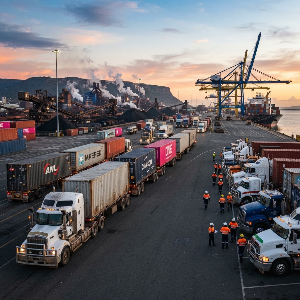 B-double trucks and freight vehicles lined up at Port Kembla freight terminal in Wollongong NSW at dawn with industrial port facilities in background