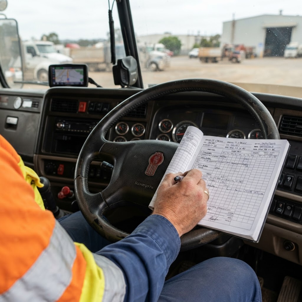 NHVR work diary logbook open on truck steering wheel showing driver work rest hours NSW