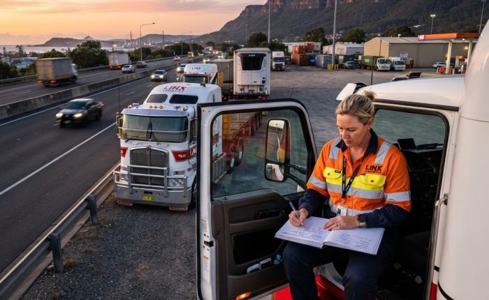 Australian truck driver checking work diary at dawn near NSW highway for heavy vehicle fatigue management compliance
