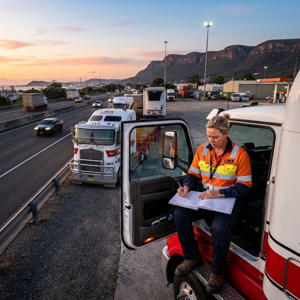 Australian truck driver checking work diary at dawn near NSW highway for heavy vehicle fatigue management compliance