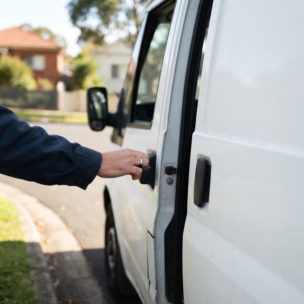 blue card TLIF0025 driver opening van door NSW