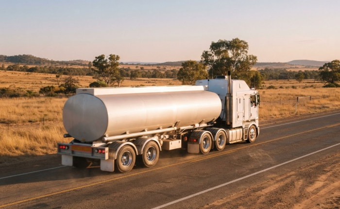 Cab-over truck with plain tanker body transporting Class 6 toxic substances on a NSW highway