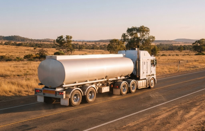 Cab-over truck with plain tanker body transporting Class 6 toxic substances on a NSW highway