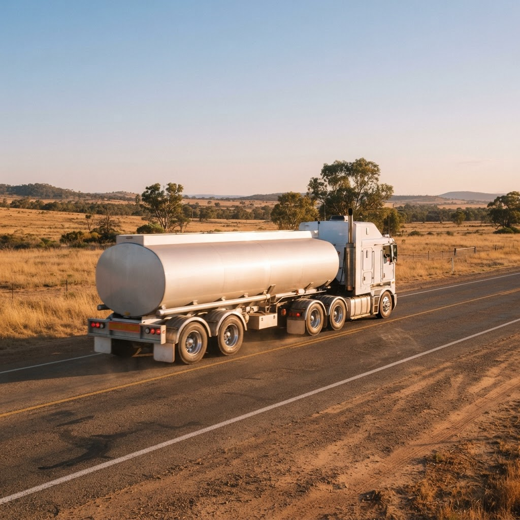 Cab-over truck with plain tanker body transporting Class 6 toxic substances on a NSW highway