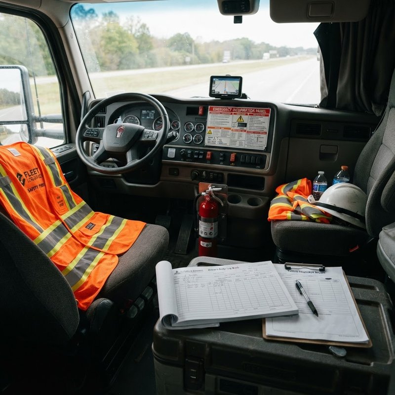 Dangerous goods vehicle cab interior showing fire extinguisher mounting and emergency documentation NSW