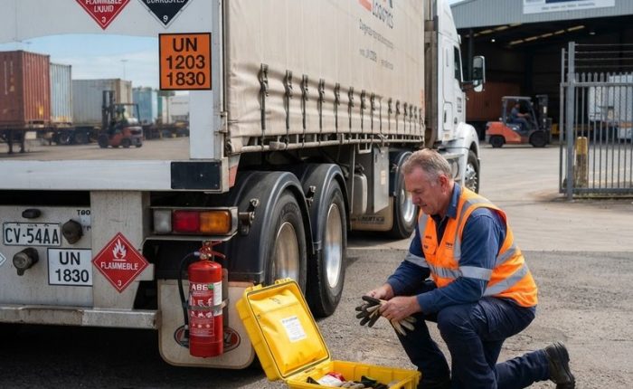 Truck driver inspecting dangerous goods emergency equipment on a placard vehicle at NSW freight depot including fire extinguisher spill kit and PPE
