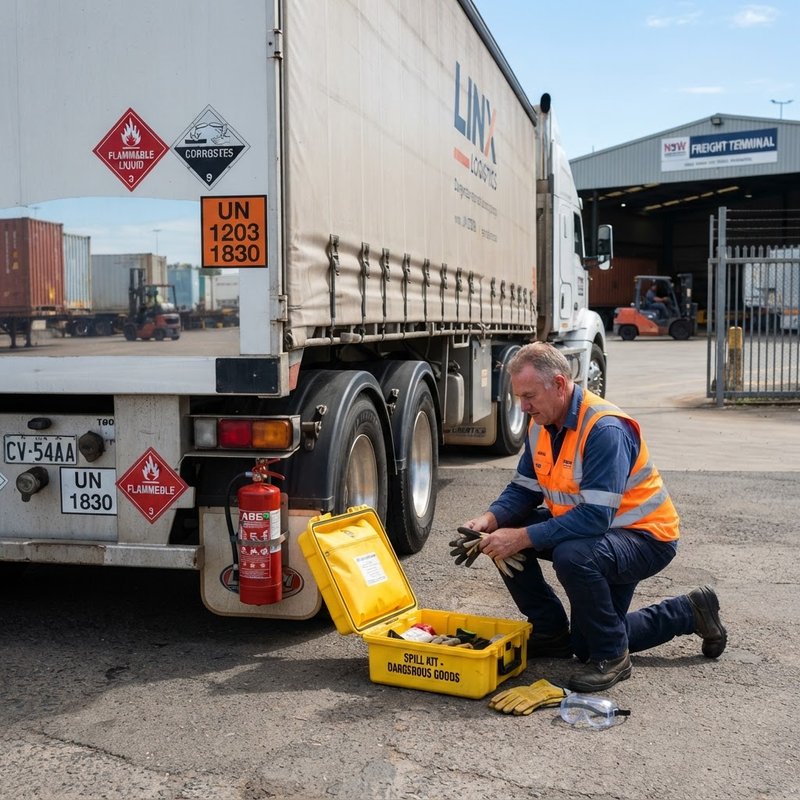 Truck driver inspecting dangerous goods emergency equipment on a placard vehicle at NSW freight depot including fire extinguisher spill kit and PPE