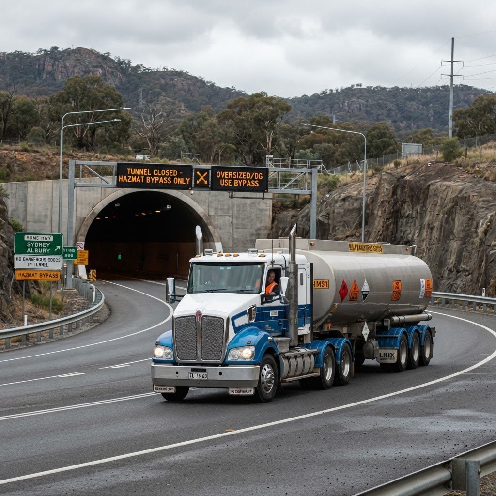 Dangerous goods route planning NSW truck on highway avoiding tunnel