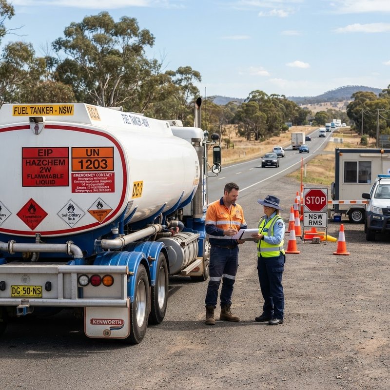 Dangerous goods tanker truck with EIP emergency information panel and placards at NSW highway checkpoint