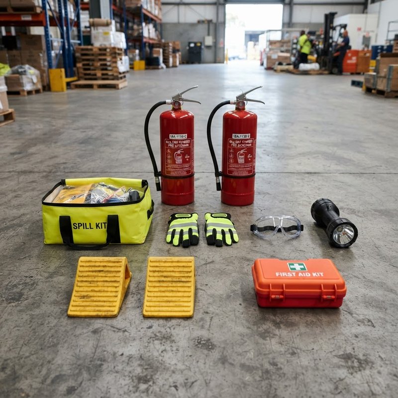 Dangerous goods emergency equipment checklist laid out on warehouse floor including fire extinguishers spill kit PPE and wheel chocks