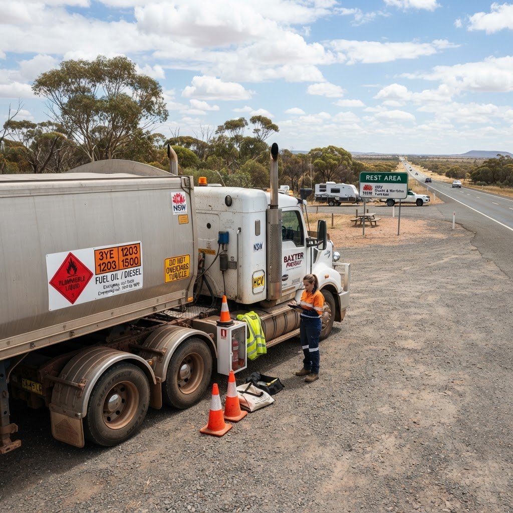 Placard vehicle on approved DG route NSW with warning signs visible