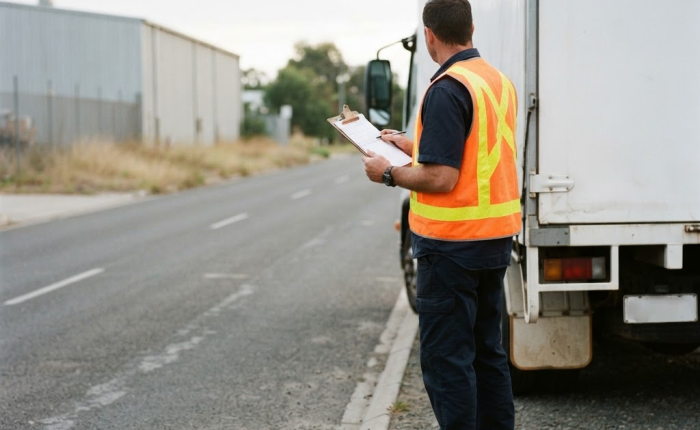 NSW truck driver in hi-vis vest checking dangerous goods transport documentation beside a cab-over truck
