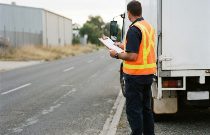 NSW truck driver in hi-vis vest checking dangerous goods transport documentation beside a cab-over truck