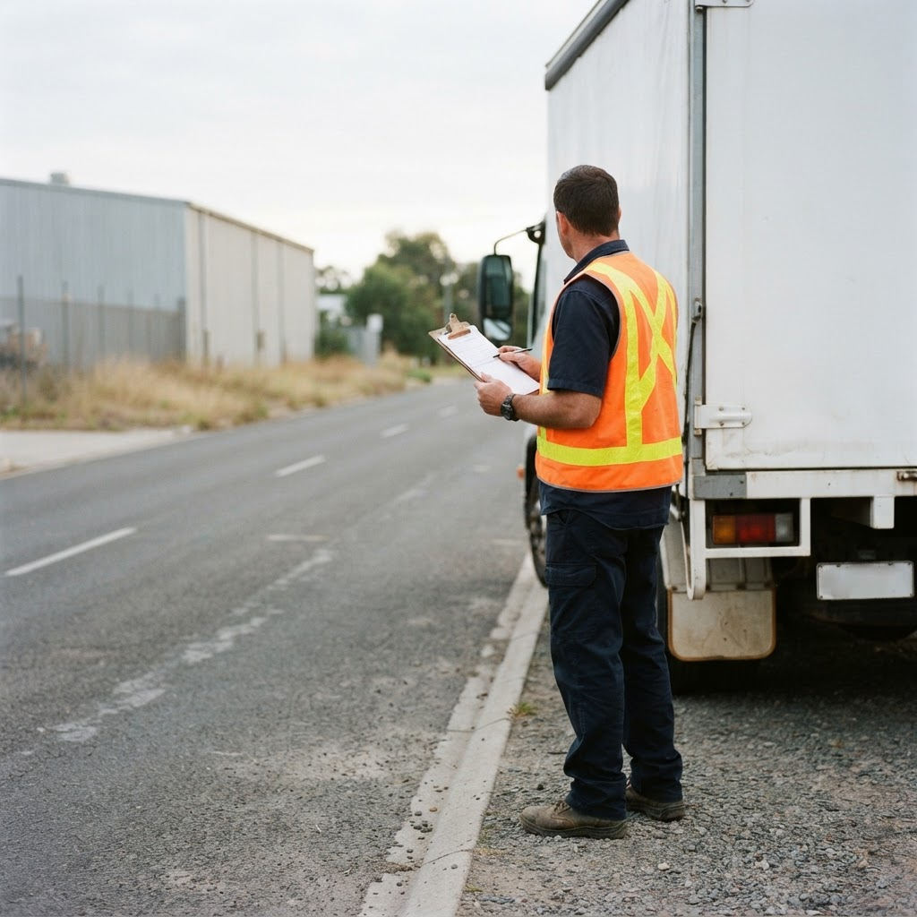NSW truck driver in hi-vis vest checking dangerous goods transport documentation beside a cab-over truck