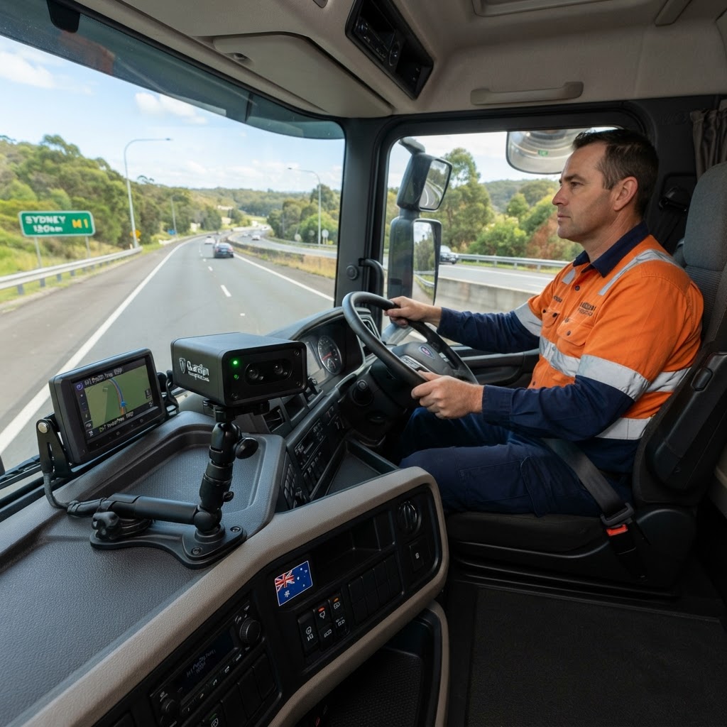In-cab driver fatigue detection camera system mounted on heavy vehicle dashboard with LED indicator NSW road