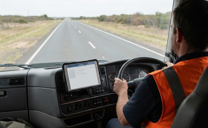 Electronic Work Diary NSW: in-cab device mounted in an Australian right-hand drive truck cab, view from behind the driver