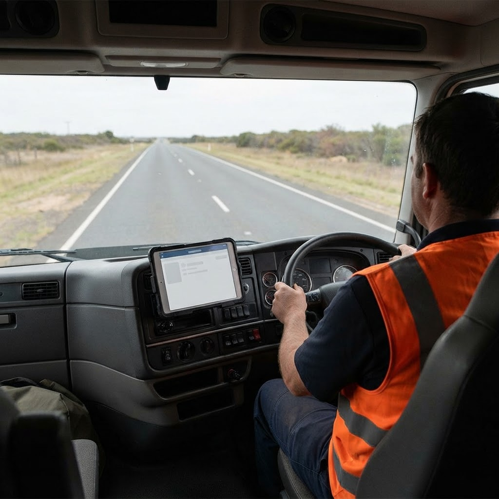 Electronic Work Diary NSW: in-cab device mounted in an Australian right-hand drive truck cab, view from behind the driver