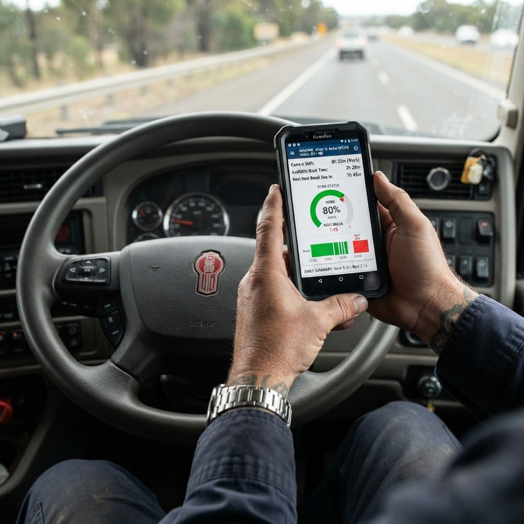 Close-up of driver hands holding smartphone running NHVR-approved electronic work diary app in heavy vehicle NSW
