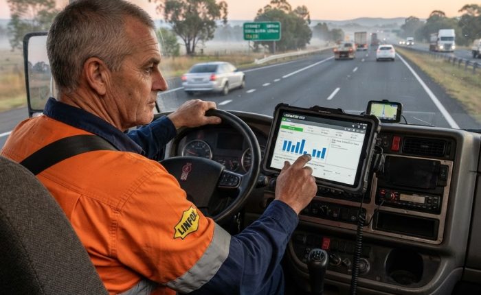 Truck driver using electronic work diary EWD tablet in cab on NSW highway — fatigue monitoring technology