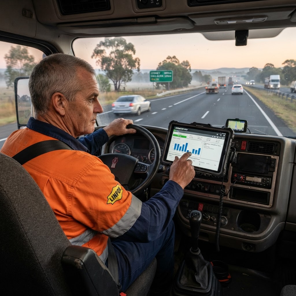 Truck driver using electronic work diary EWD tablet in cab on NSW highway — fatigue monitoring technology
