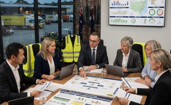 Australian transport company executives reviewing Heavy Vehicle National Law HVNL compliance documents in a boardroom NSW