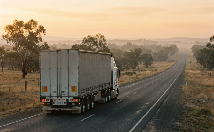 NHVR fatigue exemptions NSW: Australian cab-over truck driving at dawn on a rural highway