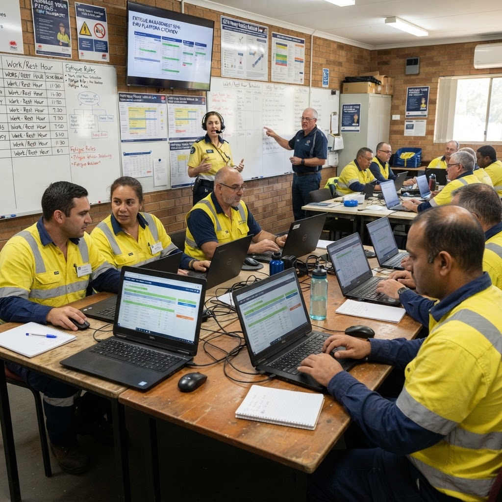 Transport schedulers in training room learning fatigue management software and EWD platforms at NSW safety training centre