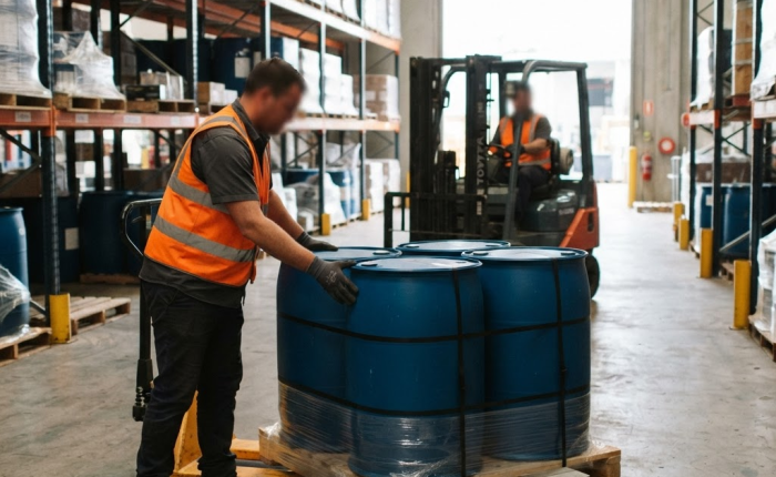 Store and Handle Dangerous Goods certificate NSW: hi-vis warehouse worker securing packaged chemical drums on a pallet
