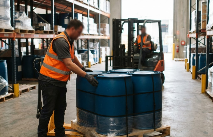 Store and Handle Dangerous Goods certificate NSW: hi-vis warehouse worker securing packaged chemical drums on a pallet