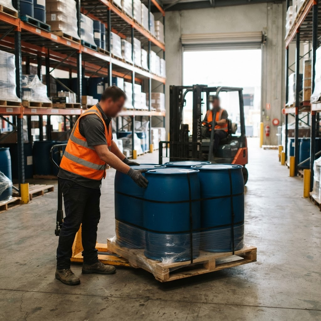Store and Handle Dangerous Goods certificate NSW: hi-vis warehouse worker securing packaged chemical drums on a pallet