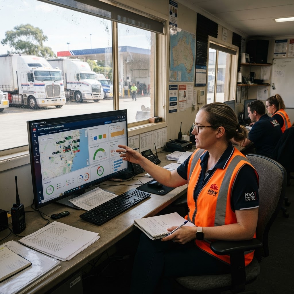 Fleet manager reviewing telematics dashboard with vehicle tracking and fatigue compliance alerts at NSW transport depot